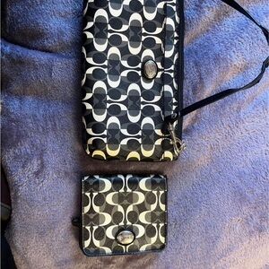 Coach Monogram Black and White Phone Wallet Set